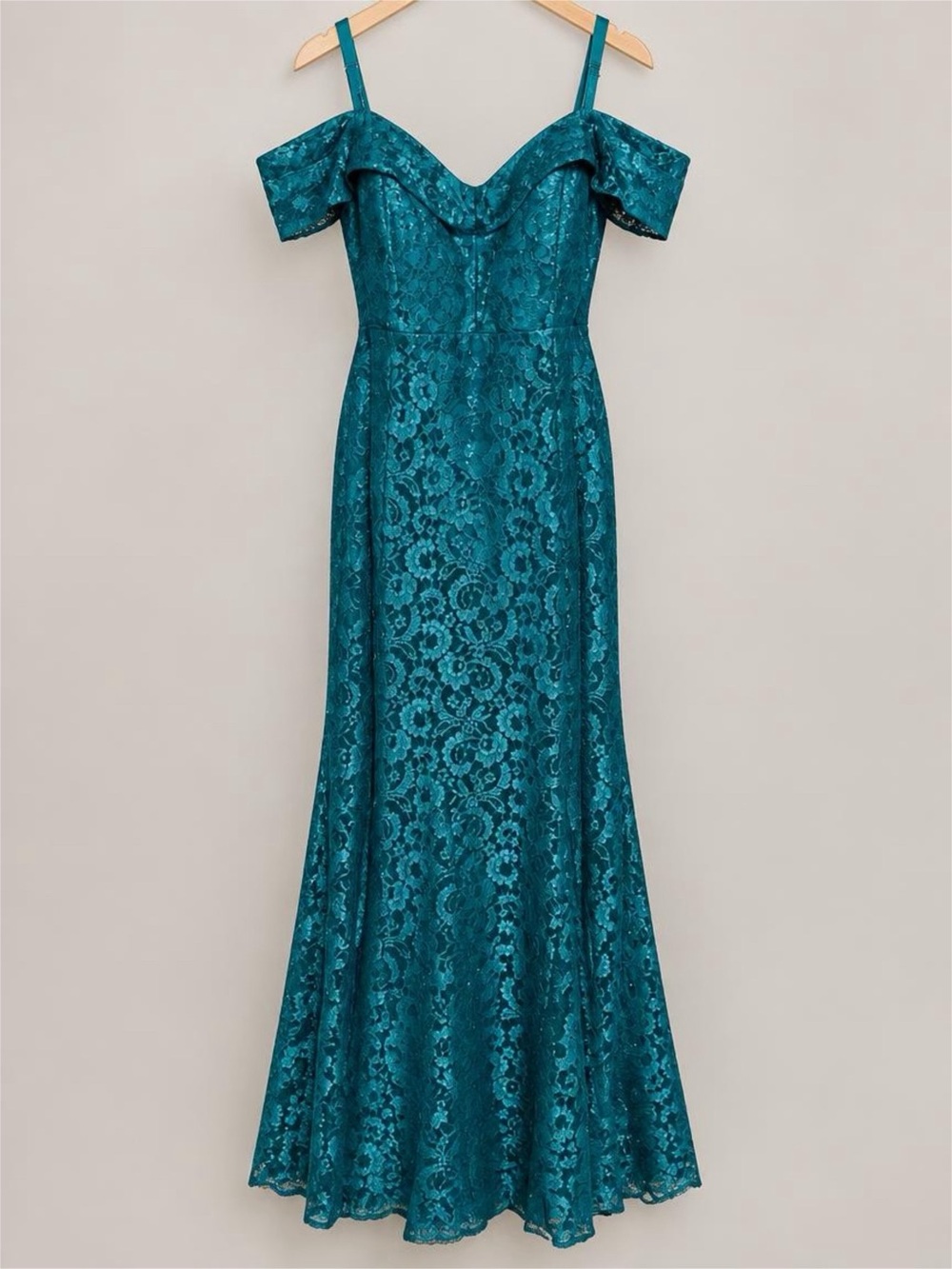 R&M Richards Teal Lace Maxi Dress with Off-Shoulder Sleeves